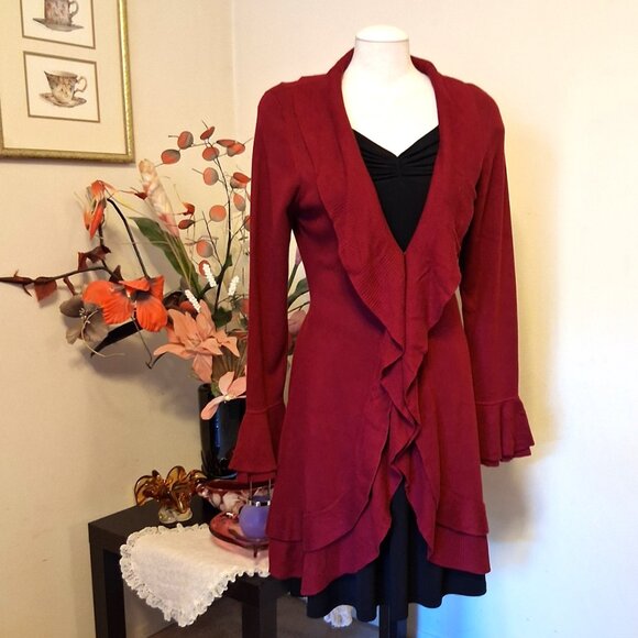 NWT Woman's Simon Chang Wine Burgundy Cardigan Coat Knit Long Outerwear - Picture 7 of 11